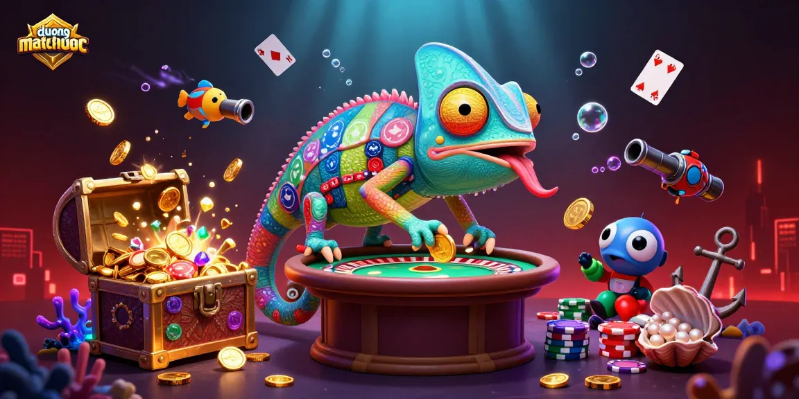 Experience thrilling gameplay with duongmatchuoc as the chameleon casino owner surrounded by vibrant casino elements.