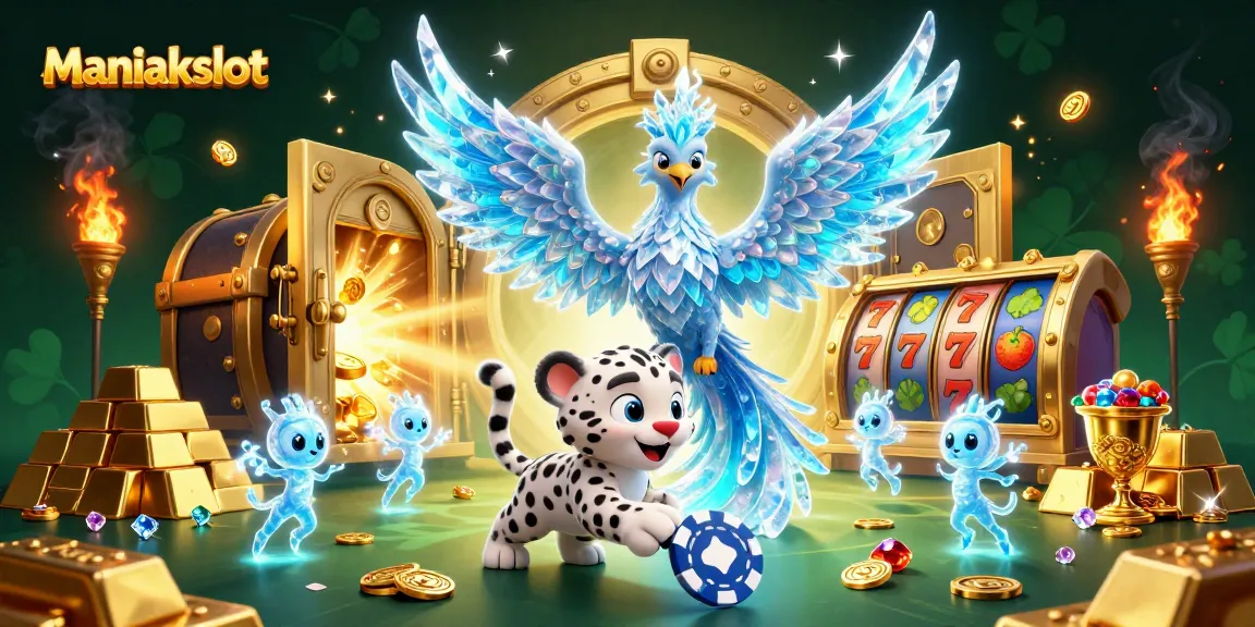 Engage in thrilling gameplay with Maniakslot featuring an ice phoenix and sparkling casino treasures.