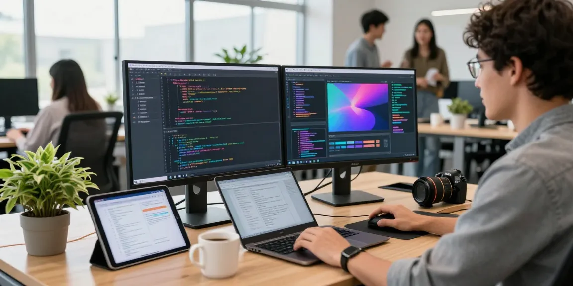 Dynamic software development workspace featuring 456bd technology with coding screens and vibrant decor.