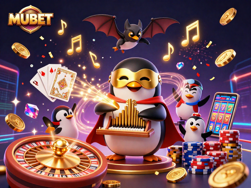 MUBET showcases a lively casino scene with a phantom penguin and bat acrobat amidst cascading coins and a roulette wheel.
