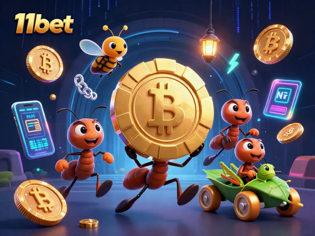 11bet showcases a thrilling heist scene with ants carrying a massive poker chip, emphasizing online gaming excitement.
