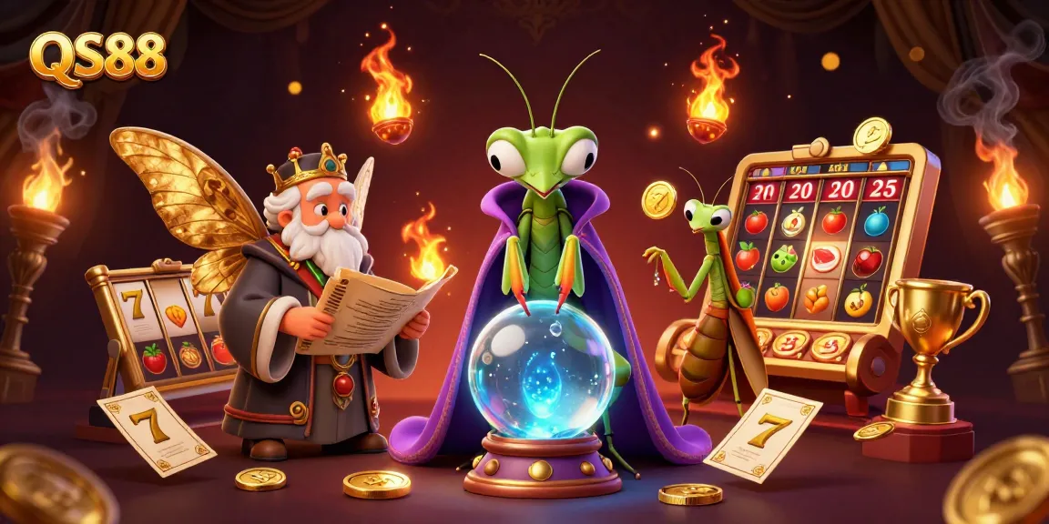 Experience the thrill of gaming at QS88 with a vibrant digital illustration of fortune tellers and slot reels.