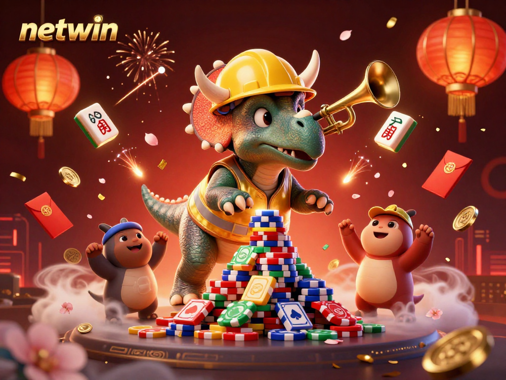 Capture the celebration at netwin with cartoon dinosaurs building poker chips amid floating mahjong tiles and festive lanterns.