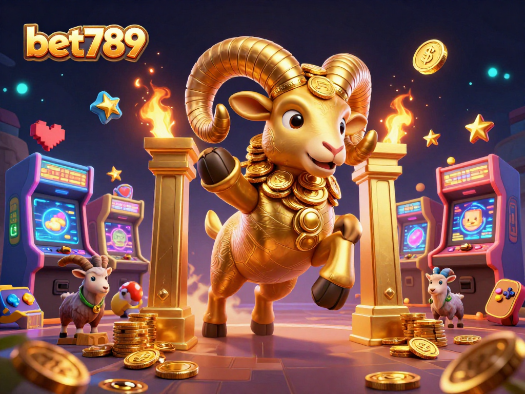 Experience thrilling action with bet789 as the golden ram charges through a vibrant casino scene filled with games.
