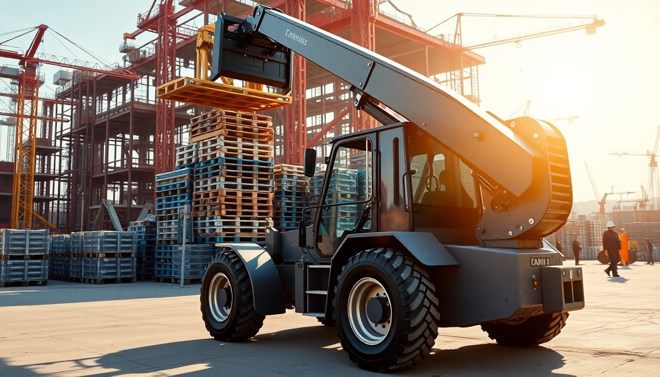 Telehandler lifting heavy materials on a construction site, showcasing its reach and versatility.