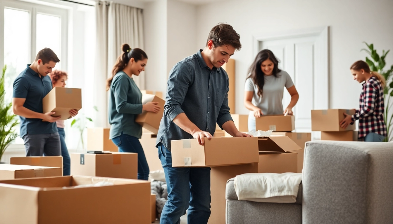 Team of professionals efficiently providing packing services for moving in a modern home setting.