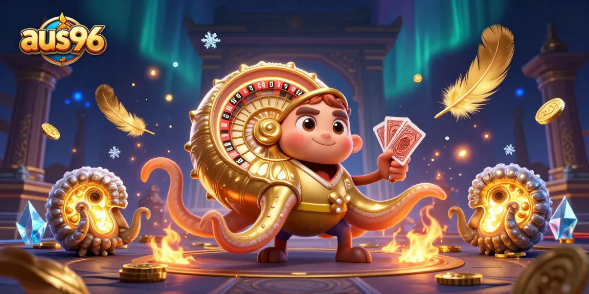 Engage with aus96's thrilling casino universe featuring a giant nautilus roulette wheel amidst vibrant gaming elements.
