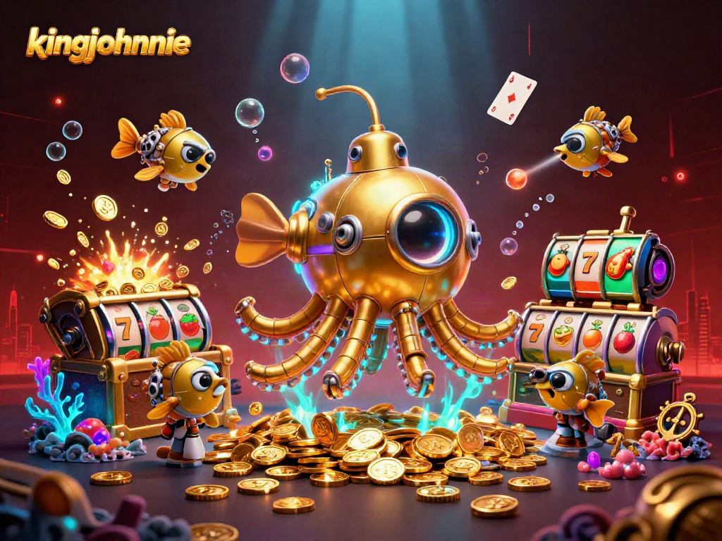 Engaging scene showcasing kingjohnnie with vibrant casino elements and golden treasures in a dynamic underwater setting.