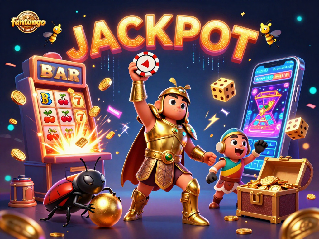 Experience the fun of fantango with a jubilant beetle duo amidst casino thrills and jackpot symbols.