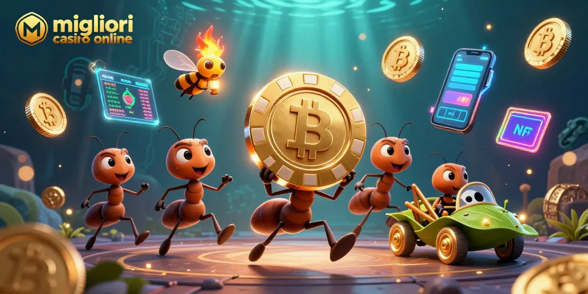 I migliori casino online presentano una scena dinamica con formiche che trasportano un poker chip d'oro, circondate da elementi di gioco digitali.