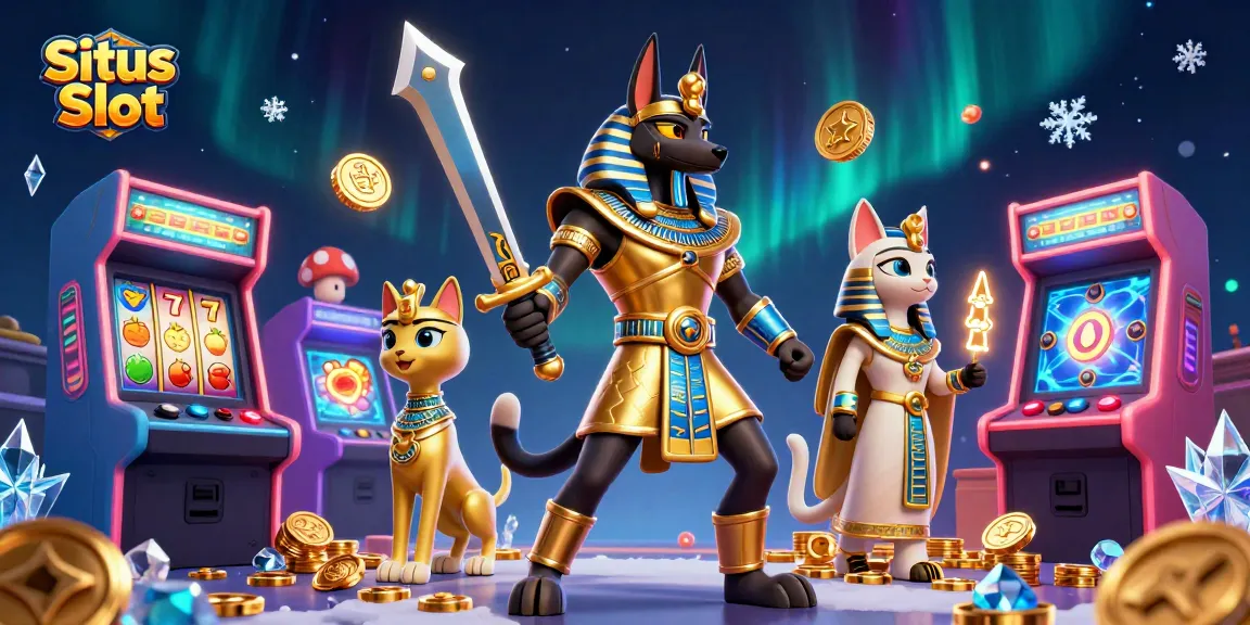 Memenangkan hadiah di Situs Slot dengan ilustrasi Anubis dan Bastet yang megah dalam suasana kasino