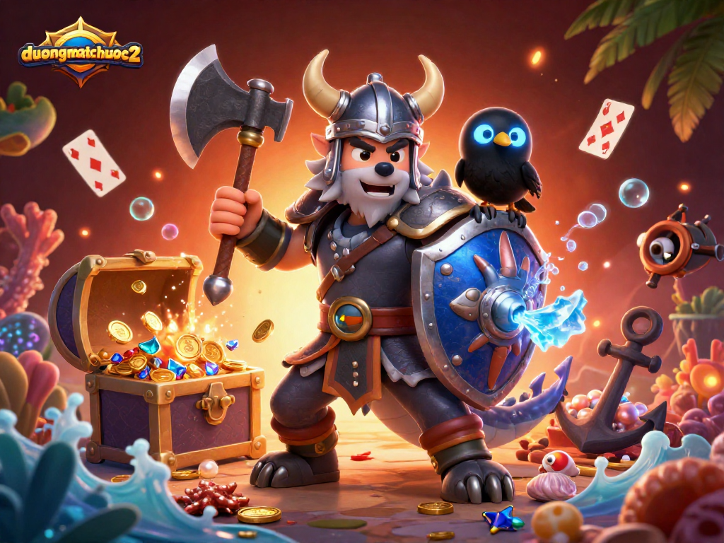 Experience duongmatchuoc2 with tactics, showcasing a Viking warrior, dragon, and treasure in vibrant detail.