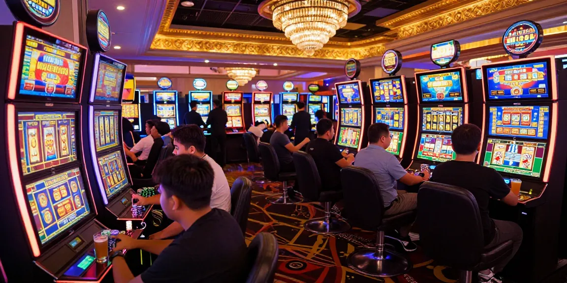 Pengalaman bermain slot gacor dengan pemain bersemangat, mesin slot berwarna-warni, suasana kasino yang ramai.