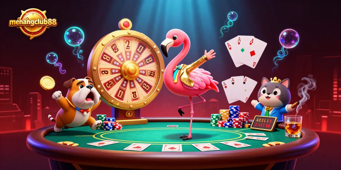 Join the action at menangclub88 with a vibrant game show scene featuring a flamingo host, bulldog contestant, and cat scoreboard.