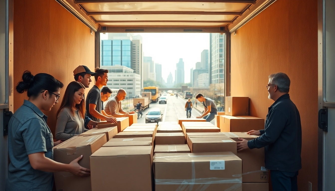 Professional Packing Services displayed with expert movers packing items in a bustling city environment.