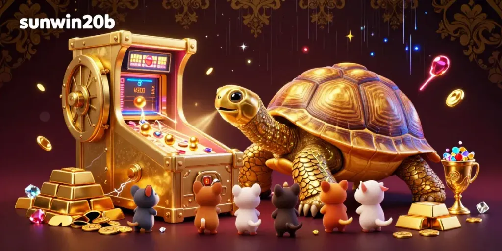 Play and win big with sunwin20b in this vibrant casino-themed illustration featuring golden treasures and jubilant characters.
