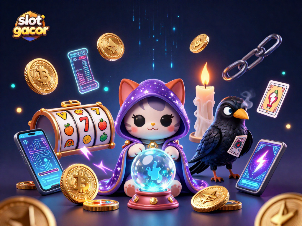 Engage in slot gacor experience with glowing symbols and vibrant elements in a mystical casino scene.