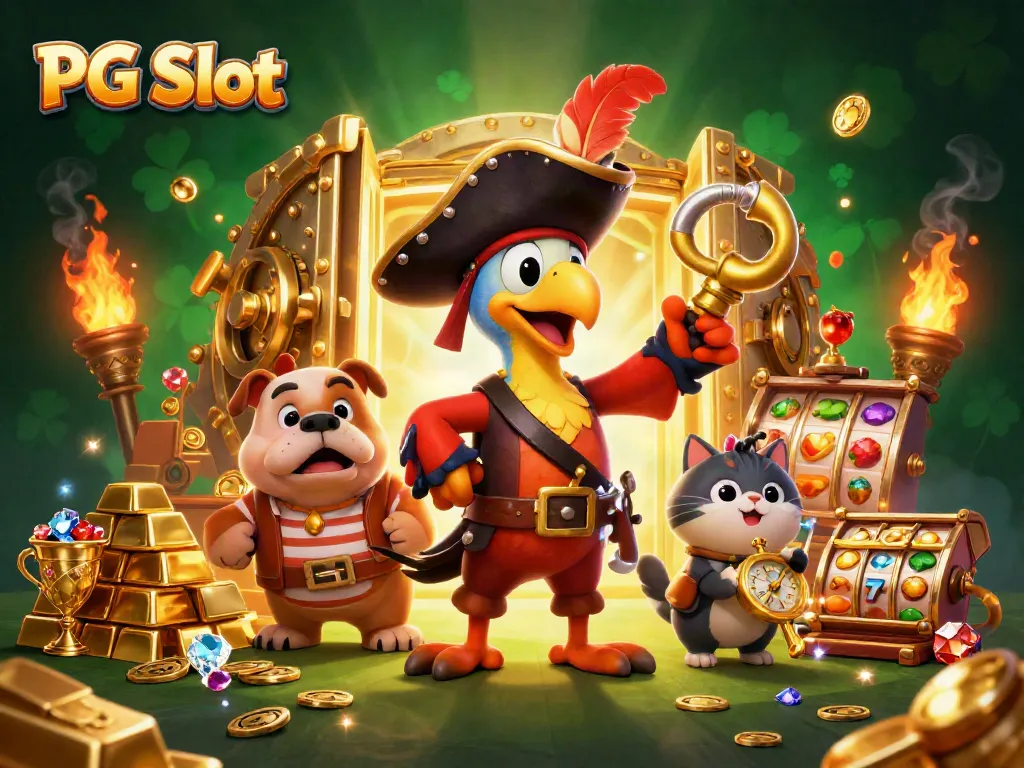Engage with PG Slot excitement as cartoon characters navigate a treasure-filled casino adventure.