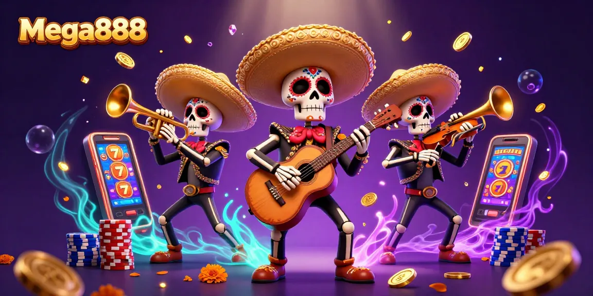 Experience mega888 with vibrant casino action featuring a lively mariachi band amidst sparkling slot game symbols.