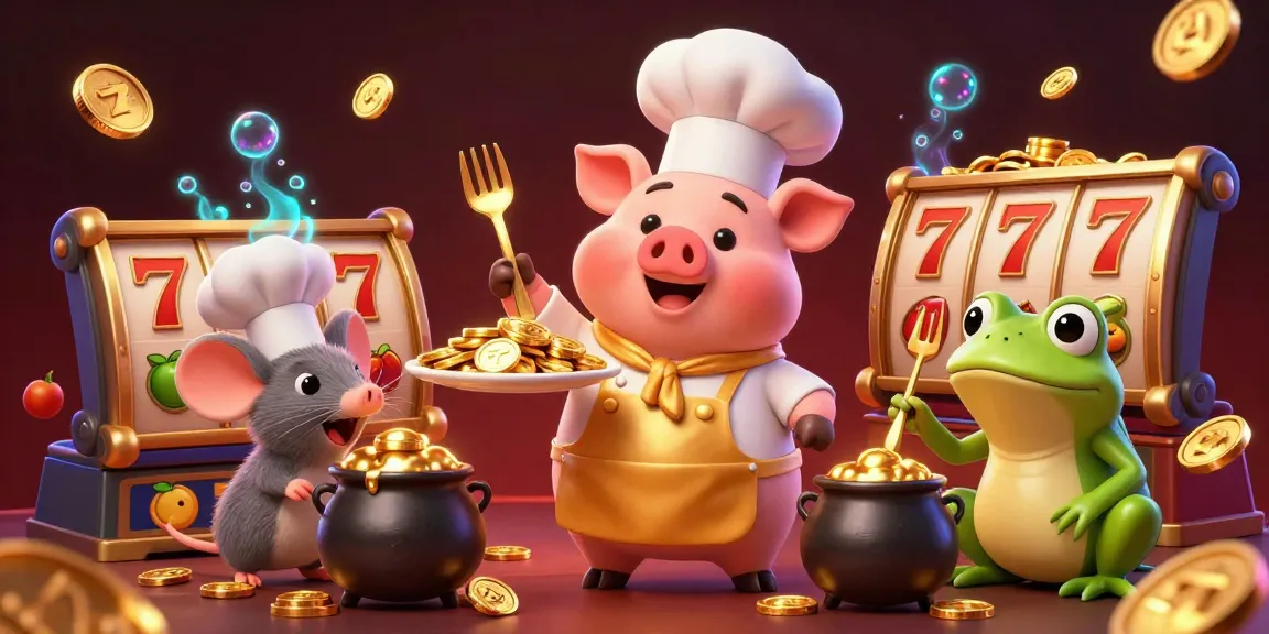 Engage with kannadaratna's vibrant casino atmosphere featuring a 3D chef pig serving gold coins amidst slot elements.