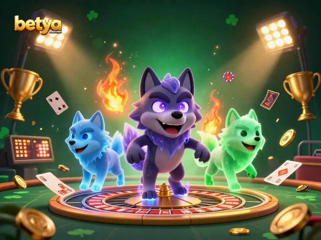 Engage in betya roulette en ligne with a dynamic scene featuring a wolf pack and vibrant casino elements.