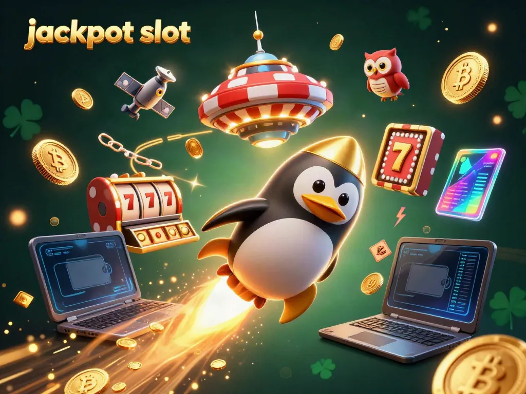 Join a golden penguin on a jackpot slot adventure through vibrant space with rich casino elements.