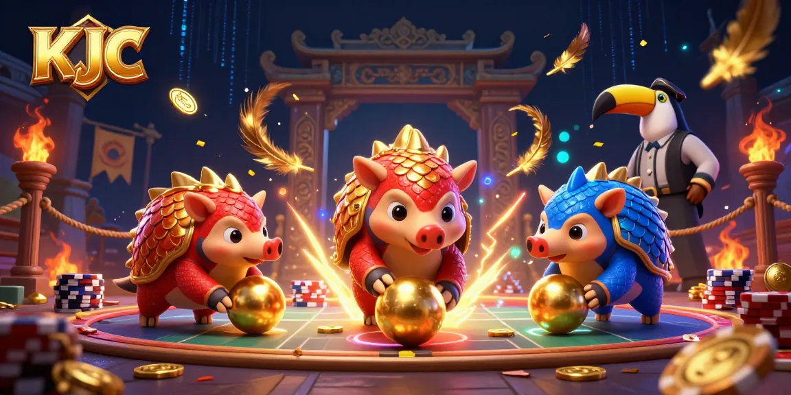 KJC pangolins compete in a vibrant casino-themed arena, bowling through poker chips.