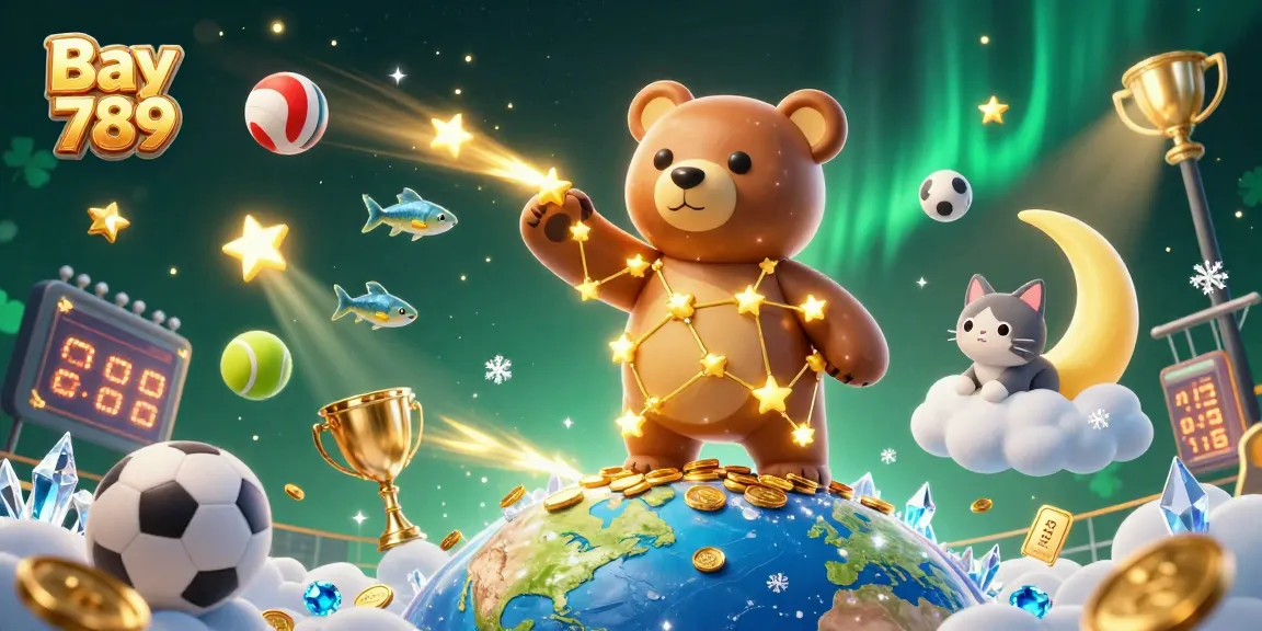 Experience winning with Bay 789 as constellation bear collects coins in a vibrant online casino scene.