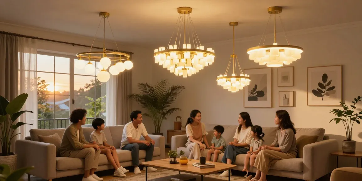 Lustre LED moderne iluminând un living cozy, creând o atmosferă caldă și primitoare.