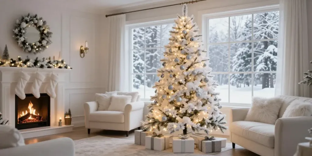 Beautiful white artificial Christmas tree with elegant decorations in a cozy holiday living room.
