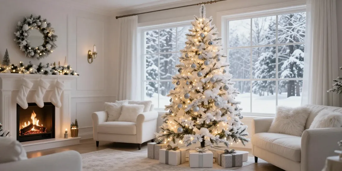 Beautiful white artificial Christmas tree with elegant decorations in a cozy holiday living room.
