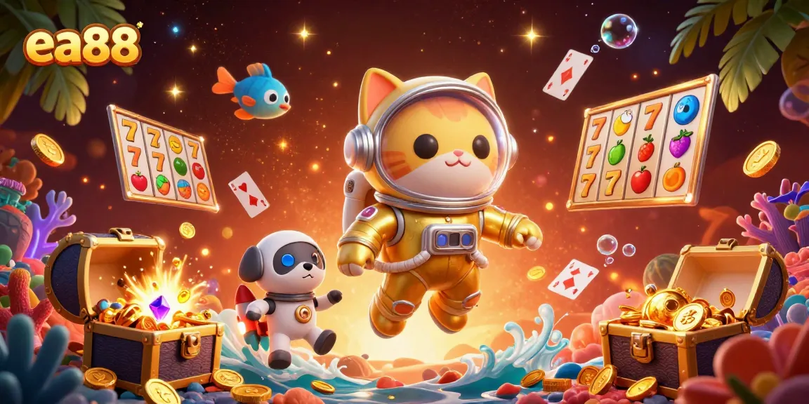 Trải nghiệm slot online hấp dẫn với ea88 cùng chú mèo phi thuyền và chú chó robot trong thiên hà sáng tạo.