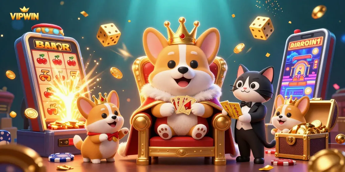 Experience VIPWIN's exhilarating atmosphere with a regal corgi on a throne, amid a vibrant casino extravaganza.