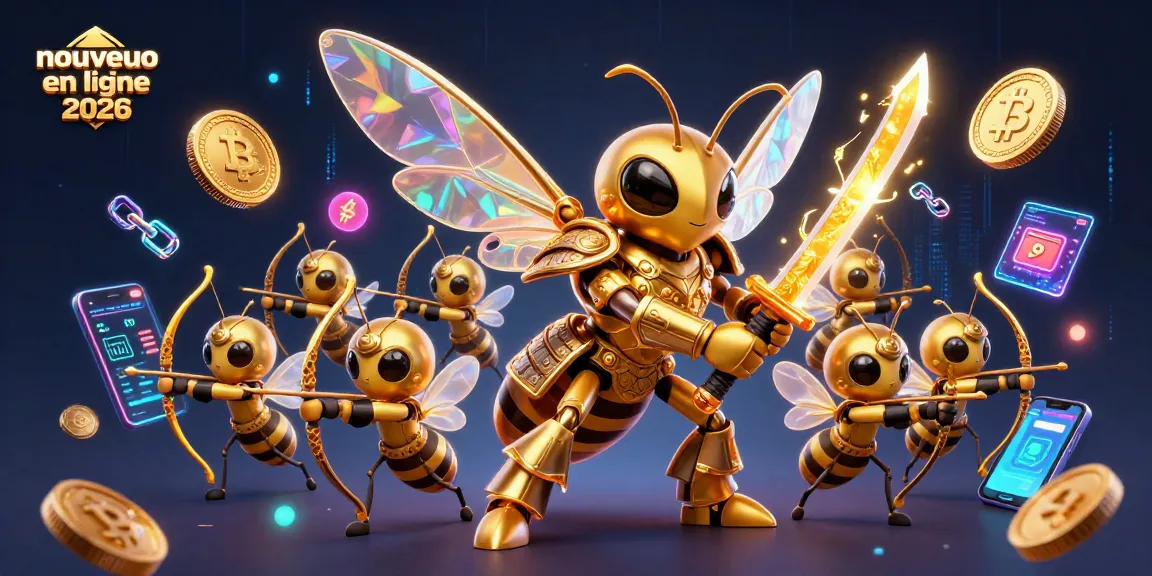 Illustration vibrante et dynamique sur le nouveau casino en ligne 2026 avec un hornet doré et des personnages de jeux