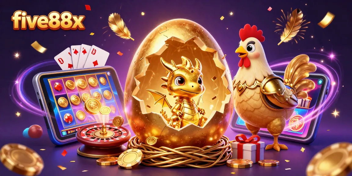 Experience the excitement of five88x as a golden dragon emerges from a nest of poker chips amidst casino-themed elements.