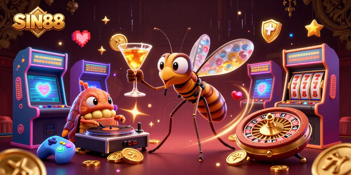 Experience the thrill of SIN88 with a vibrant 3D casino illustration featuring unique characters and gaming elements.