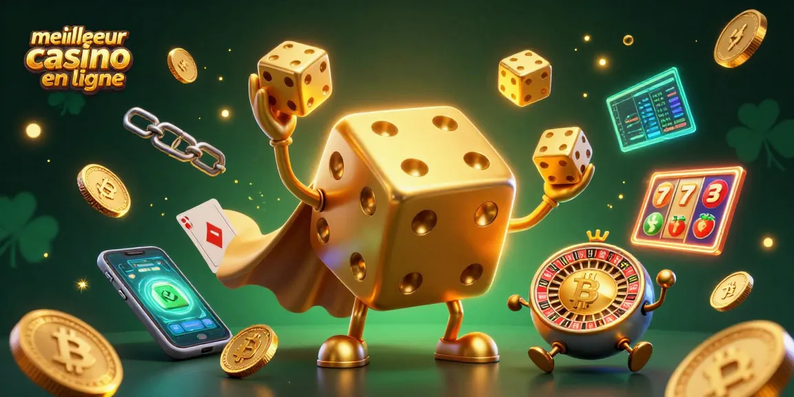 Jouer au meilleur casino en ligne avec un golem de dés dorés et des éléments de machines à sous scintillants.