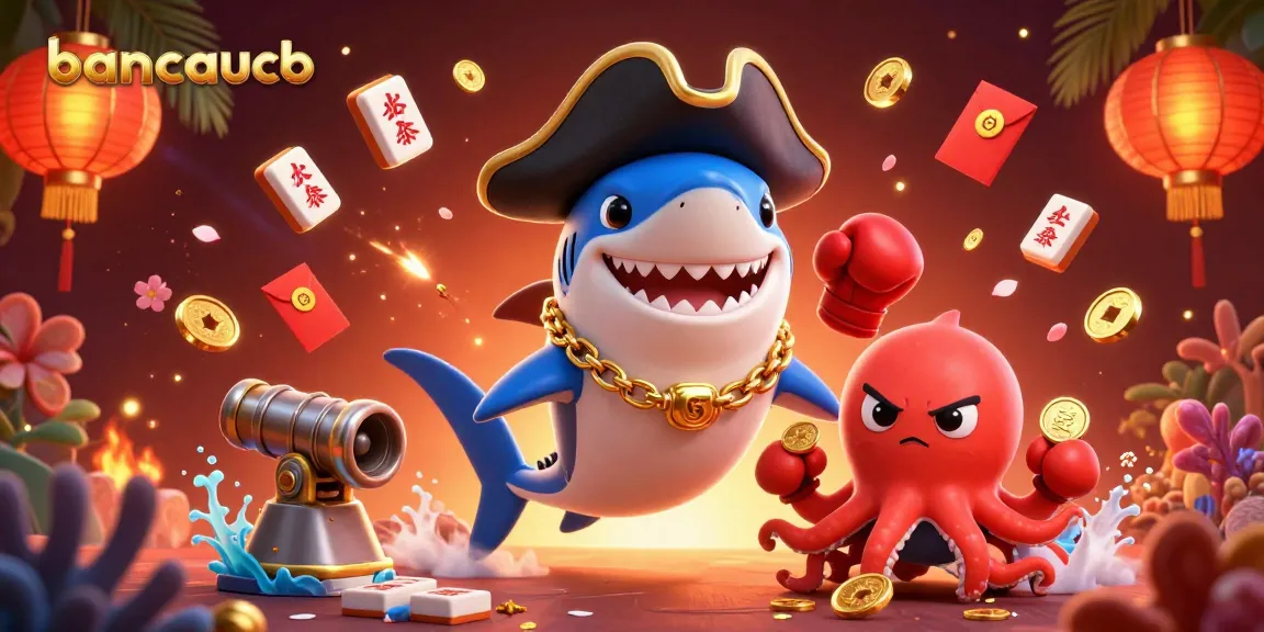 Bancaucb's thrilling fish shooting game features a pirate shark, a pufferfish, and an octopus collecting coins.