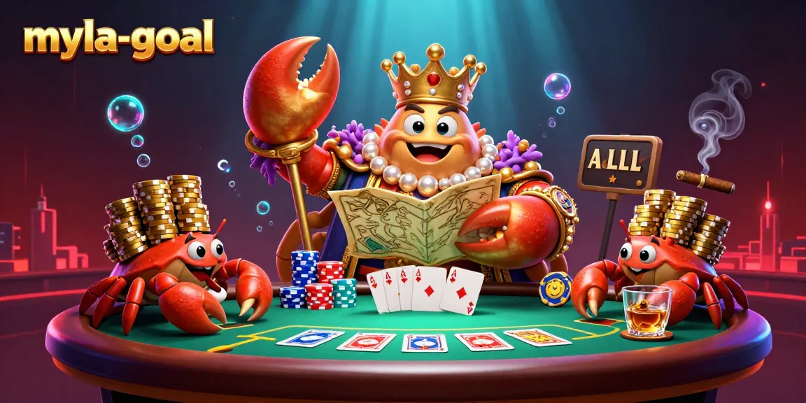 Engage in thrilling gameplay with the myla-goal crab emperor amidst colorful poker elements and vibrant effects.