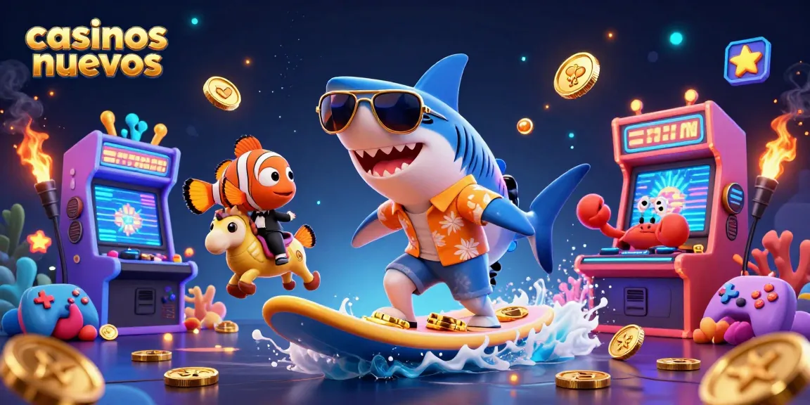 Descubre los casinos nuevos mientras un tiburón surfista gana monedas doradas en un mundo de juego vibrante.