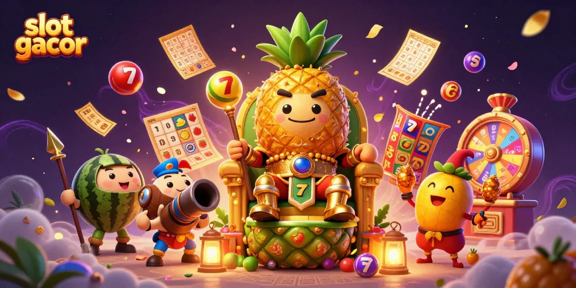Slot gacor yang menarik dengan raja nanas dan simbol permainan kasino lainnya.