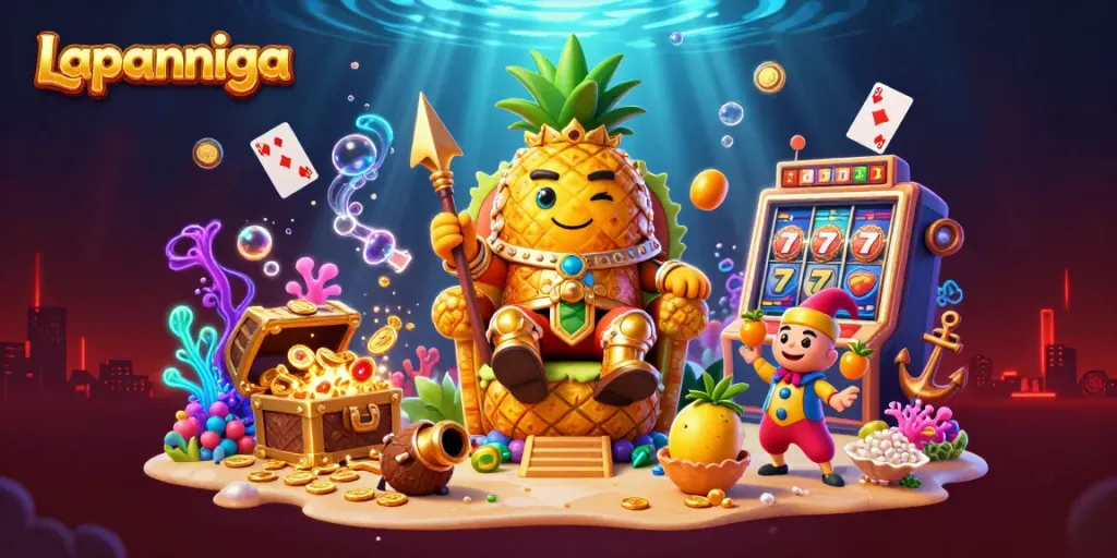 Experience thrilling moments at Lapannaga with vibrant casino-themed 3D illustration featuring a golden pineapple king.