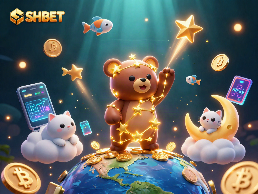 Engage with SHBET's vibrant 3D cosmic casino world featuring a golden constellation bear and glowing cryptocurrency elements.