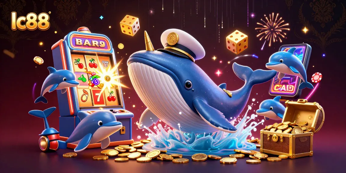 lc88 features a jovial whale captain and a narwhal, surrounded by coins and jackpot excitement