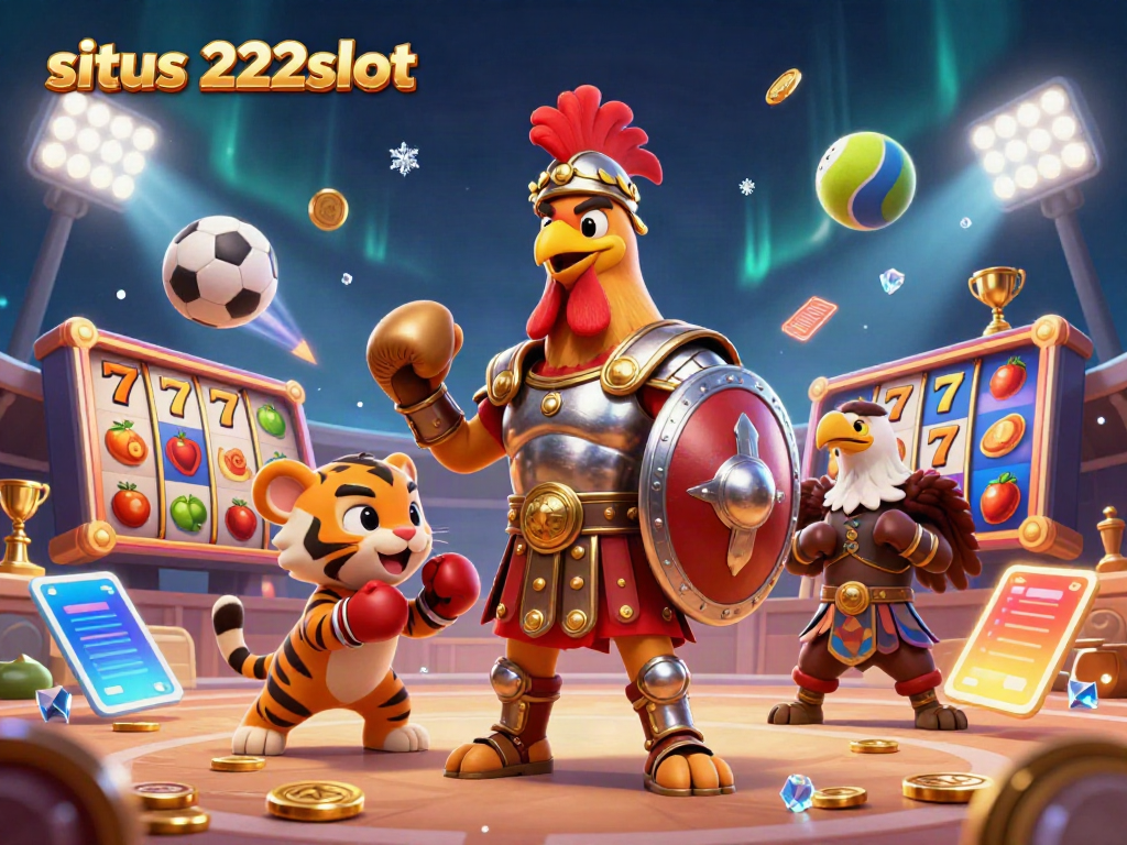 Slot online situs 222slot, ayam jantan pertempuran dengan elemen jackpot dan simbol buah.