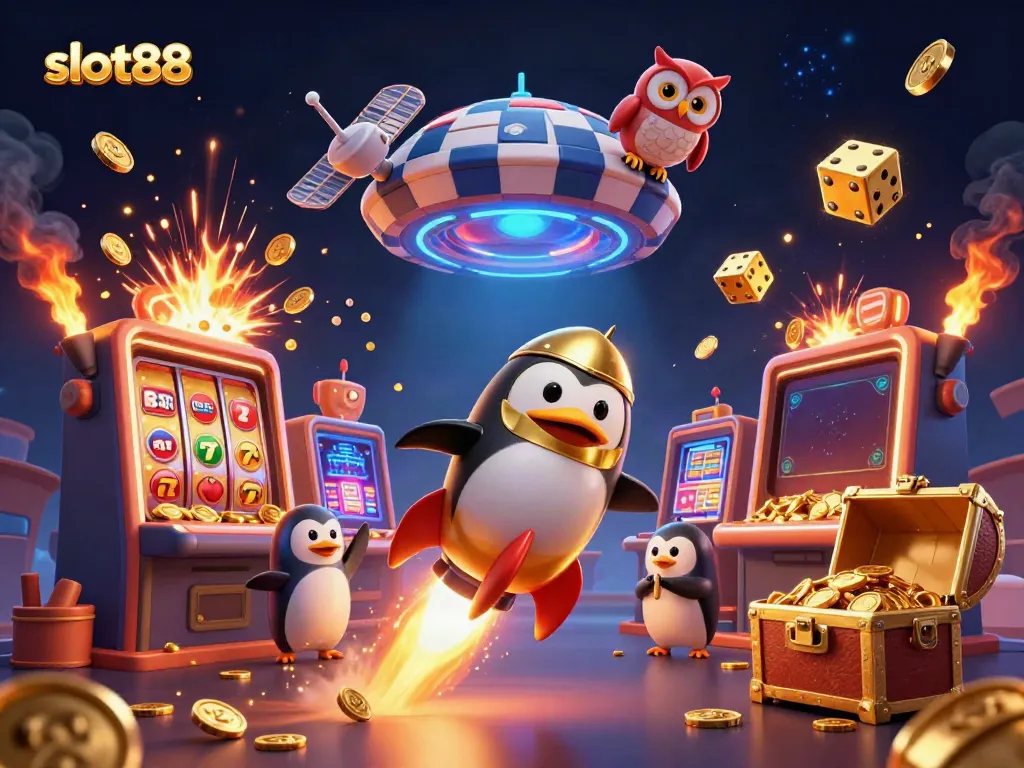 A dazzling slot88 scene of a rocket-powered penguin and casino elements in space, illustrating excitement and winnings.