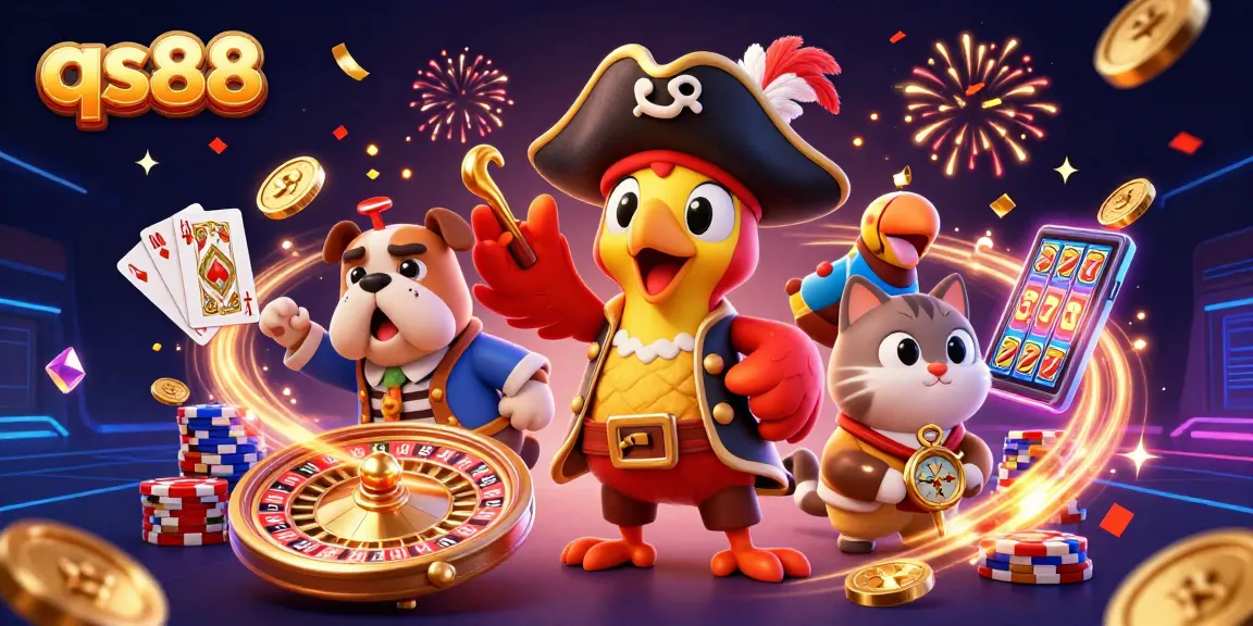 Experience the thrill of qs88 casino with joyful pirate-themed characters and vibrant gaming elements.