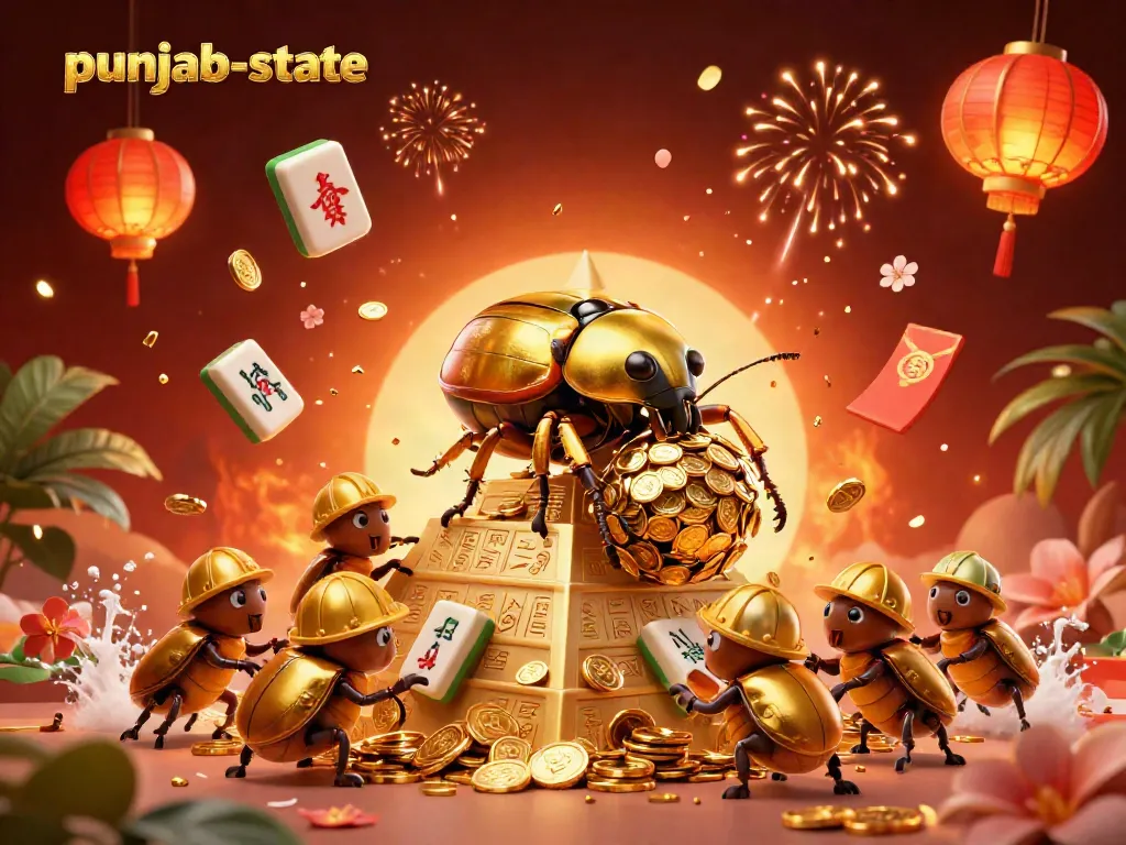 Engage with punjab-state's vibrant casino world, showcasing beetles rolling gold coins amidst dynamic casino symbols.