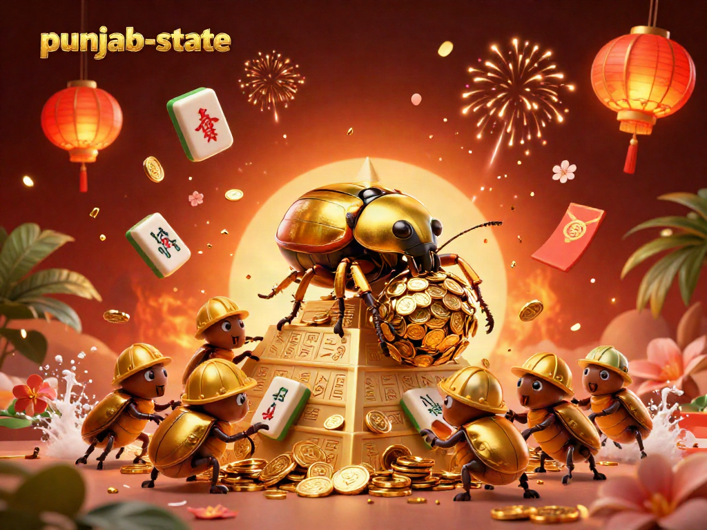 Engage with punjab-state's vibrant casino world, showcasing beetles rolling gold coins amidst dynamic casino symbols.