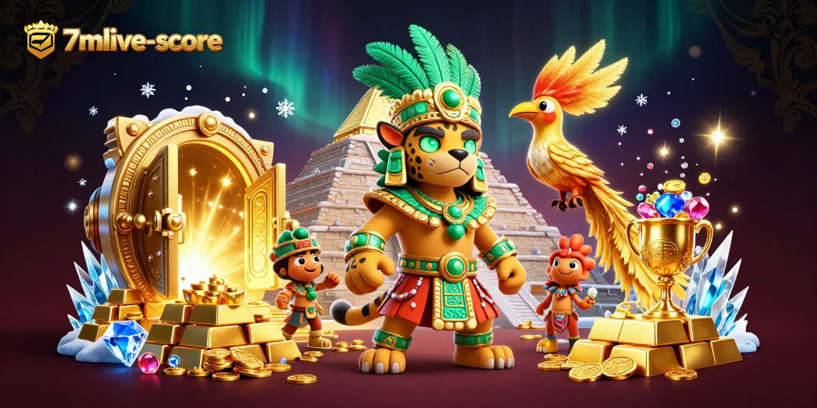 Experience the thrilling world of 7mlive-score with vibrant illustrations of a Mayan priest amidst treasures.